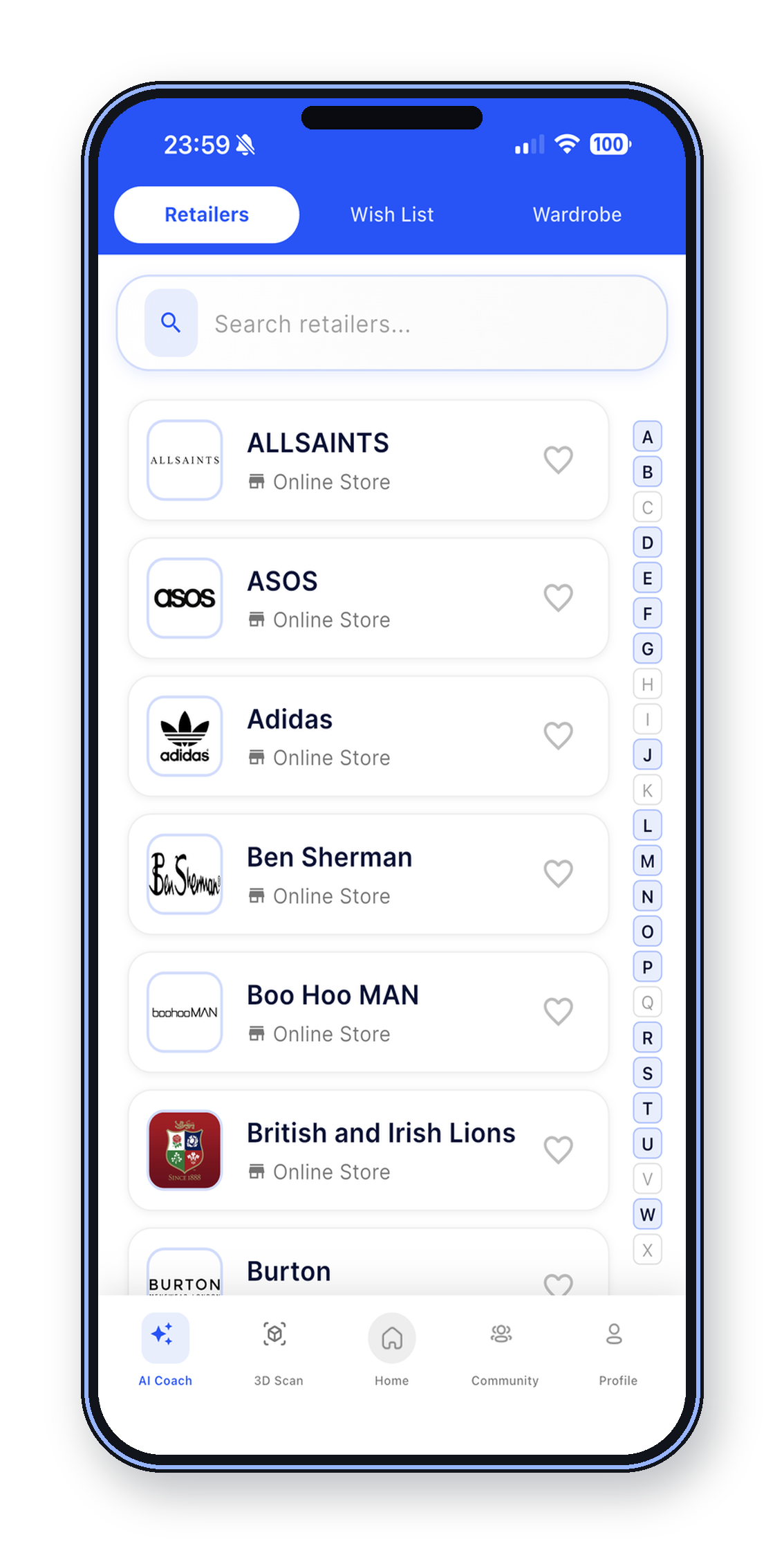 Retailer selection app screen