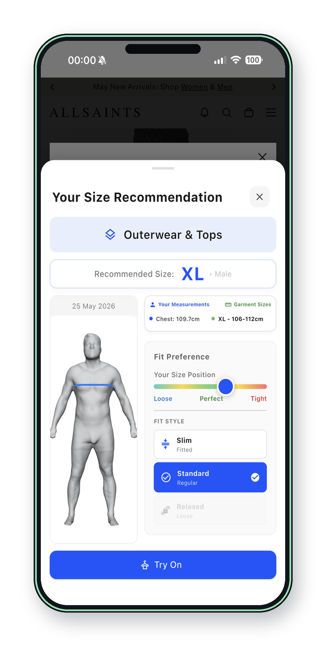 Shopping size recommendation app preview