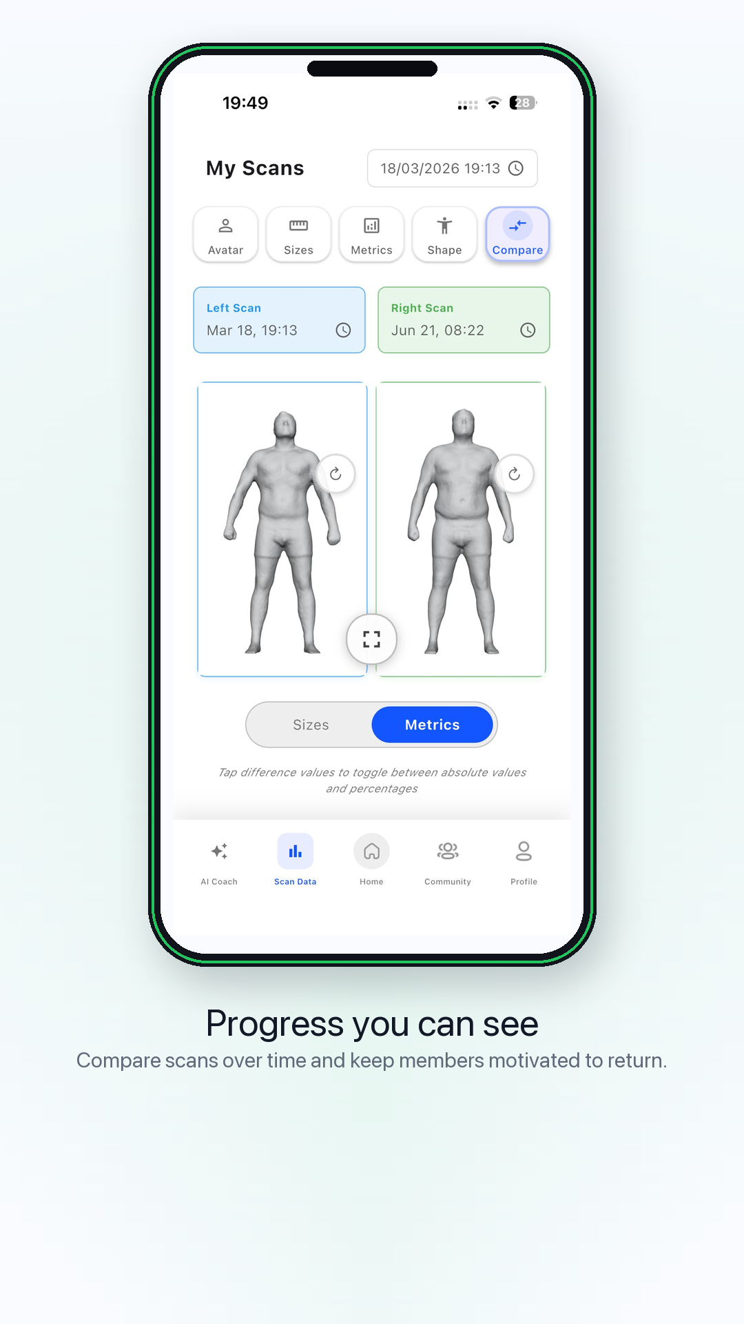 Fits Right member progress comparison app screen