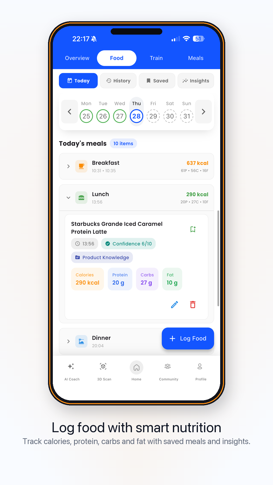 Food logging app screen