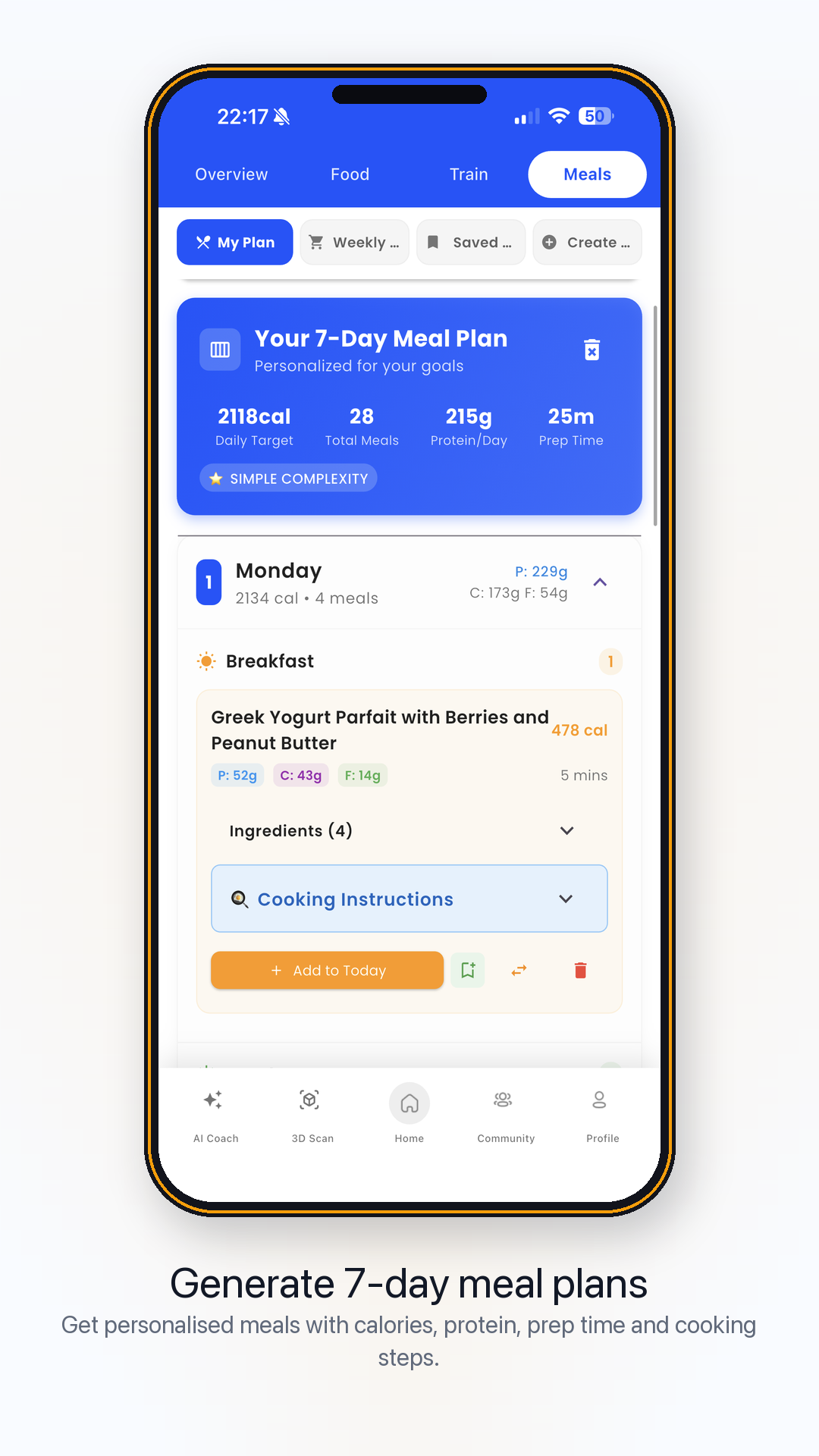 Meal plan app screen