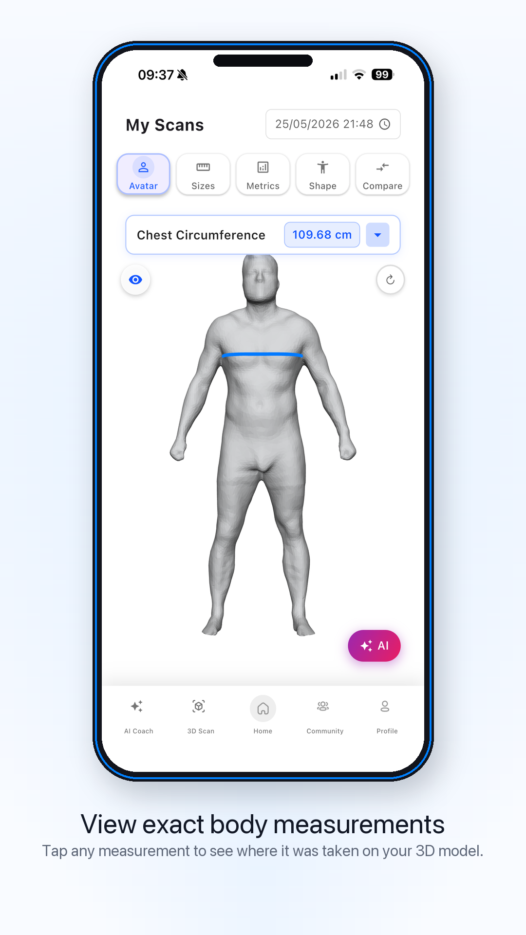 Body measurement line app screen
