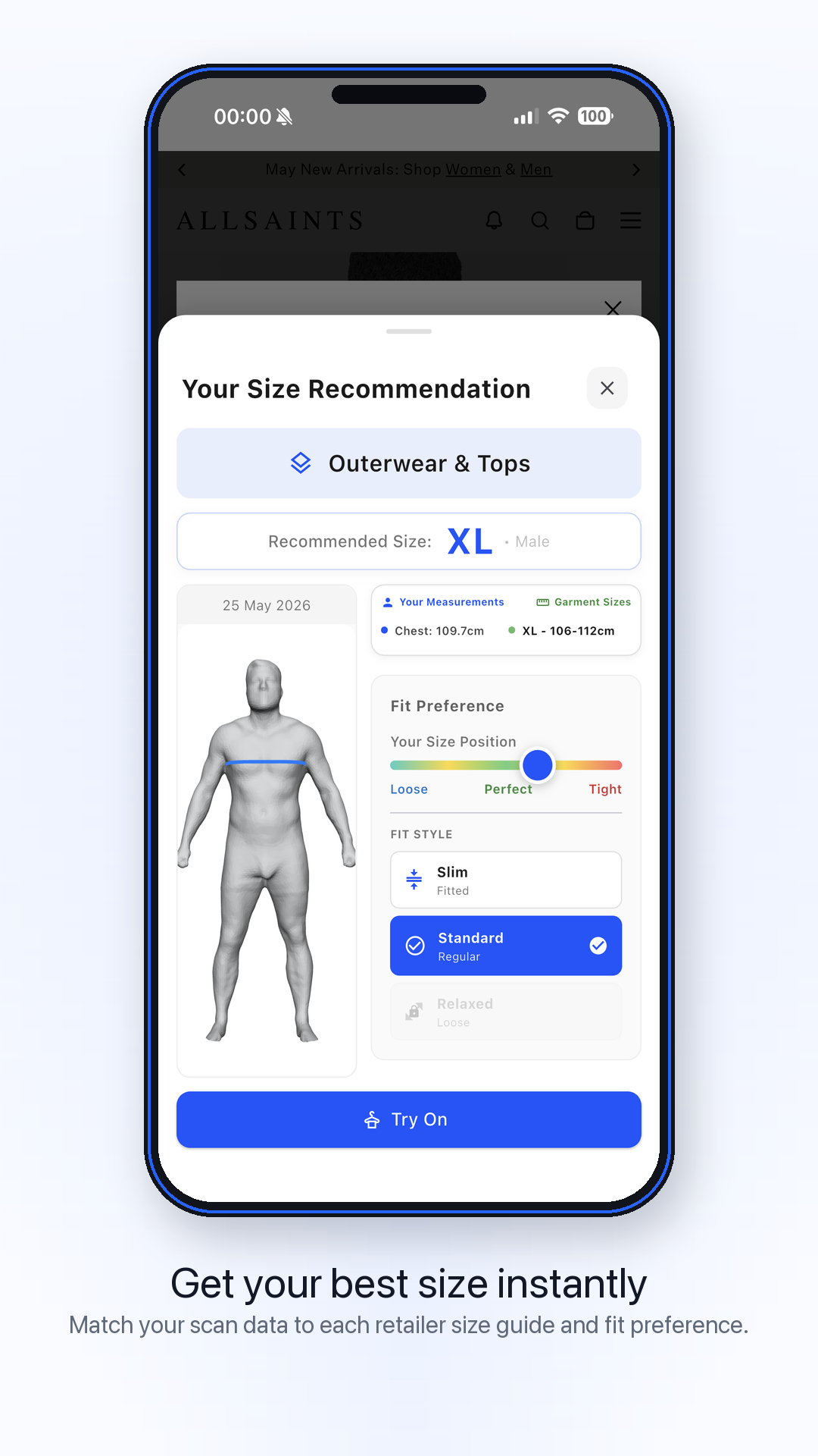 Size recommendation app screen